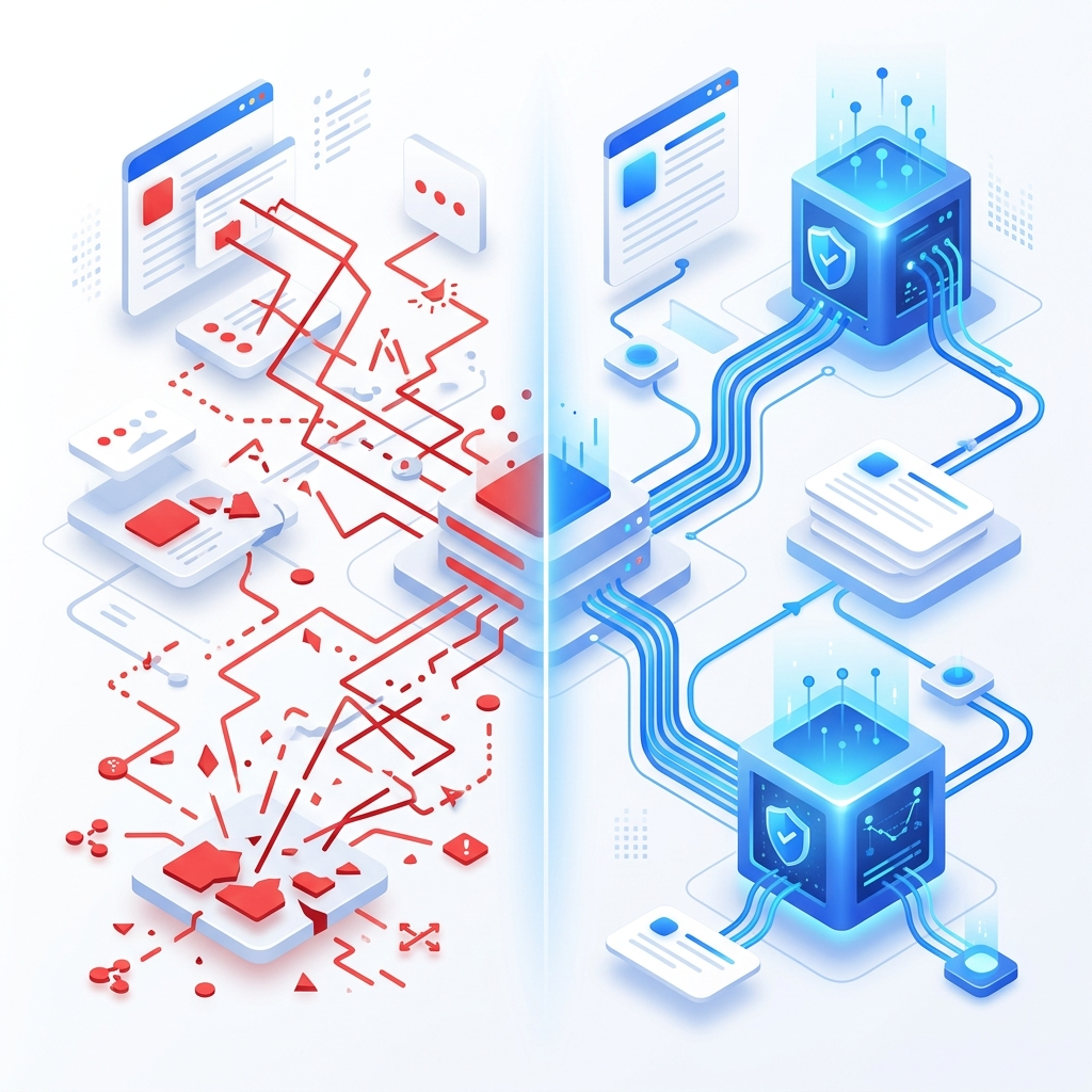 Comparison of chaotic client-side tracking vs clean server-side identity flow